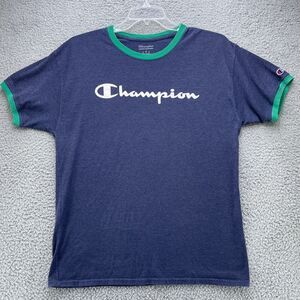 Champion Shirt Mens Large Blue Green Trim Spellout Ringed Neck Sleeve T-Shirt